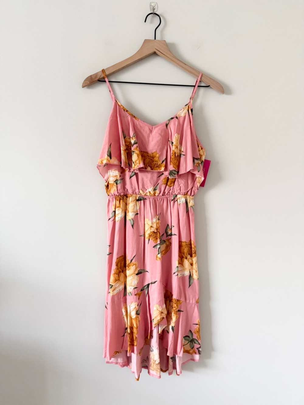 NWT Xhilaration Pink Floral Sundress Ruffle Neckline with Yellow Accent Size XS